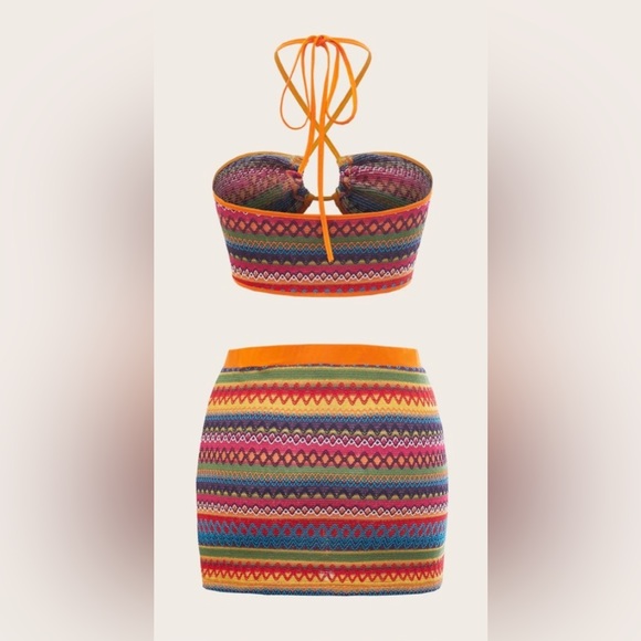 SHEIN ICON Geo Print Contrast Binding Tie Backless Crop Halter Top & Skirt Sz Sm - Picture 4 of 7